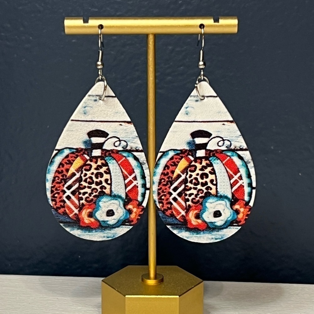 Animal Print Pumpkin Dangle Earrings - Picture 3 of 4